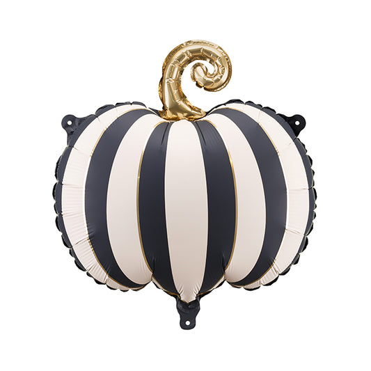 Balon foliowy z helem, PartyDeco, 39cm - Dynia w kremowo-czarne paski i złotym ogonkiem