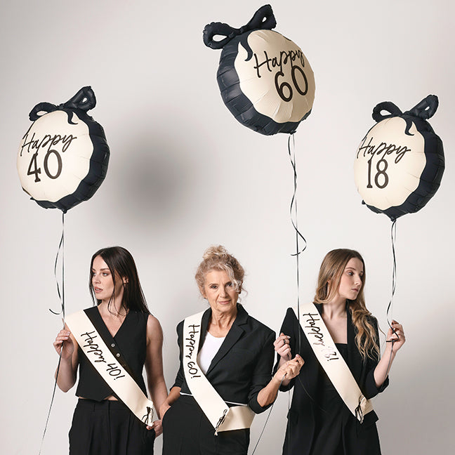 Balon foliowy z helem, okrągły, black & cream, PartyDeco, 50cm - Happy 40