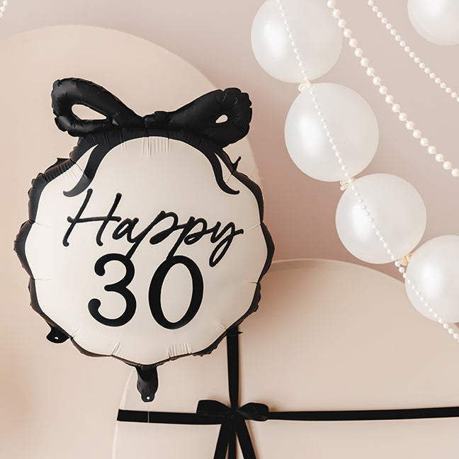 Balon foliowy z helem, okrągły, black & cream, PartyDeco, 50cm - Happy 30