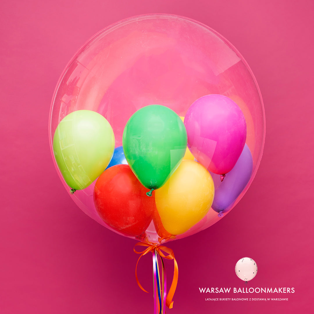 Balon bubble z helem z kolorowymi balonikami w środku - Happy Kiddo