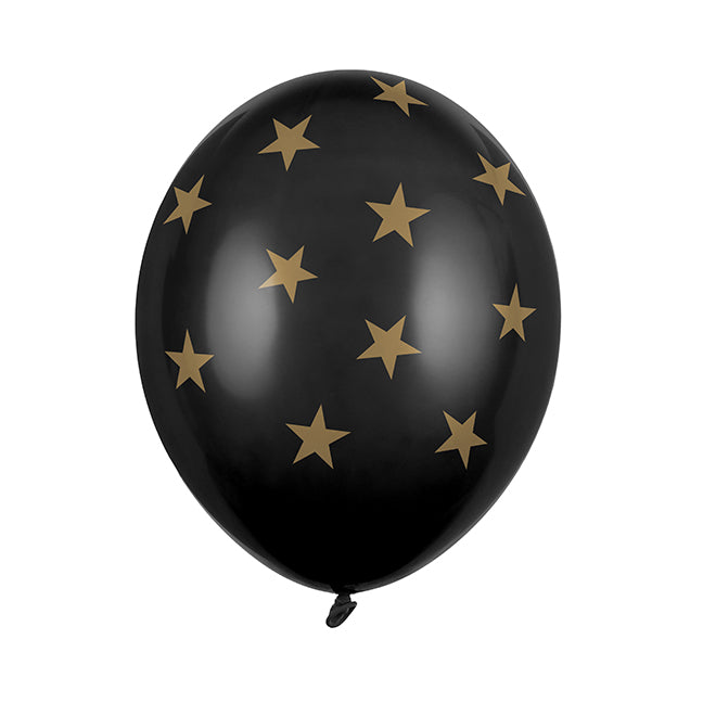 Balon lateksowy z helem, czarny, PartyDeco, 30cm - Gwiazdki złote czarny