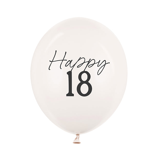 Kremowy balon lateksowy z czarnym napisem „Happy 18” – minimalistyczna dekoracja na 18. urodziny.