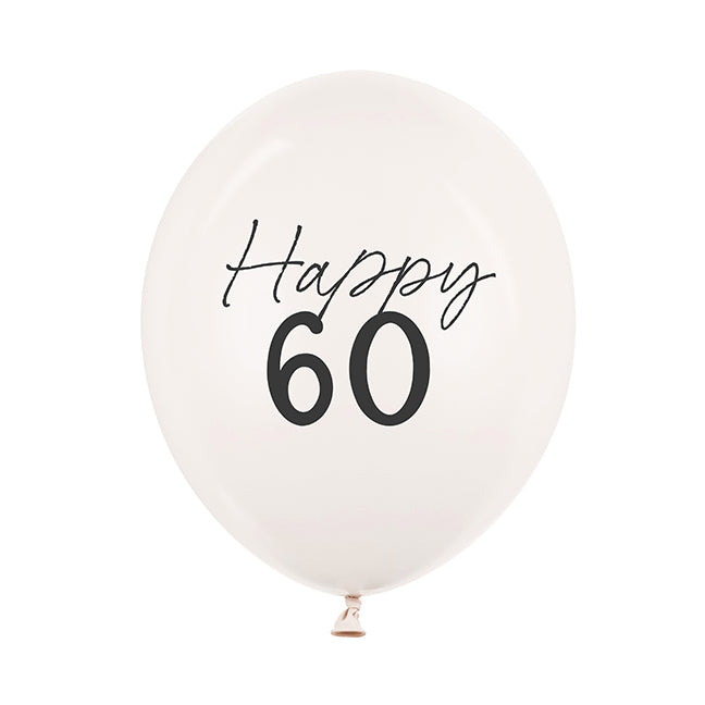 Balon lateksowy kremowy z napisem „Happy 60”, napełniony helem – Warsaw Balloonmakers.