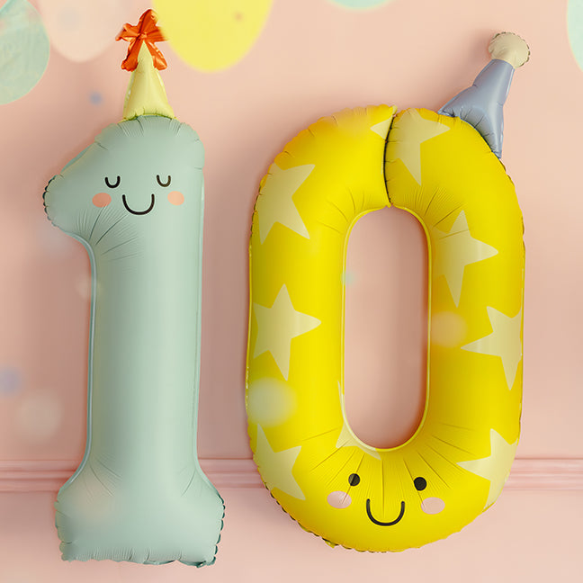 Balon z helem, żółty, XXL 86 cm, długolatający - cyfra 1 z czapeczką