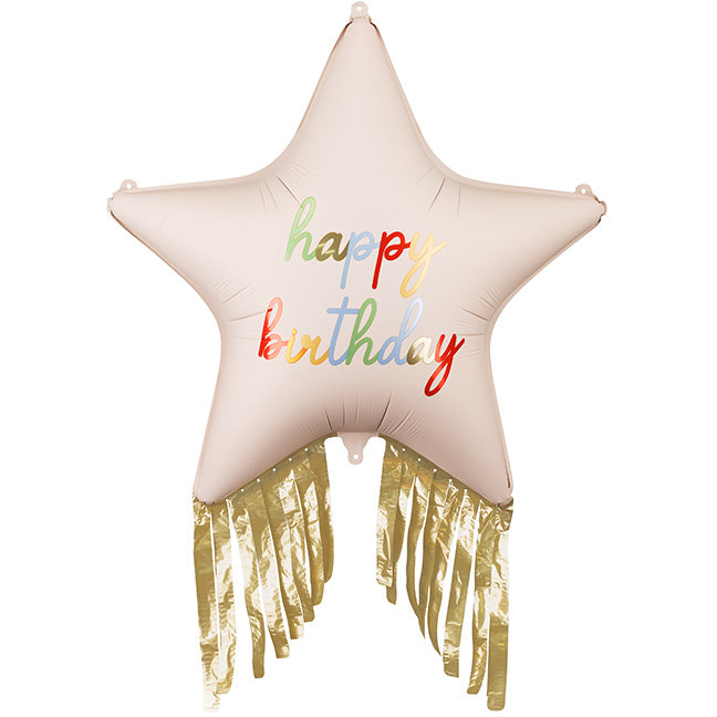 Balon foliowy z helem, różowy, PartyDeco, 72cm - Gwiazda z frędzlami Happy Birthday