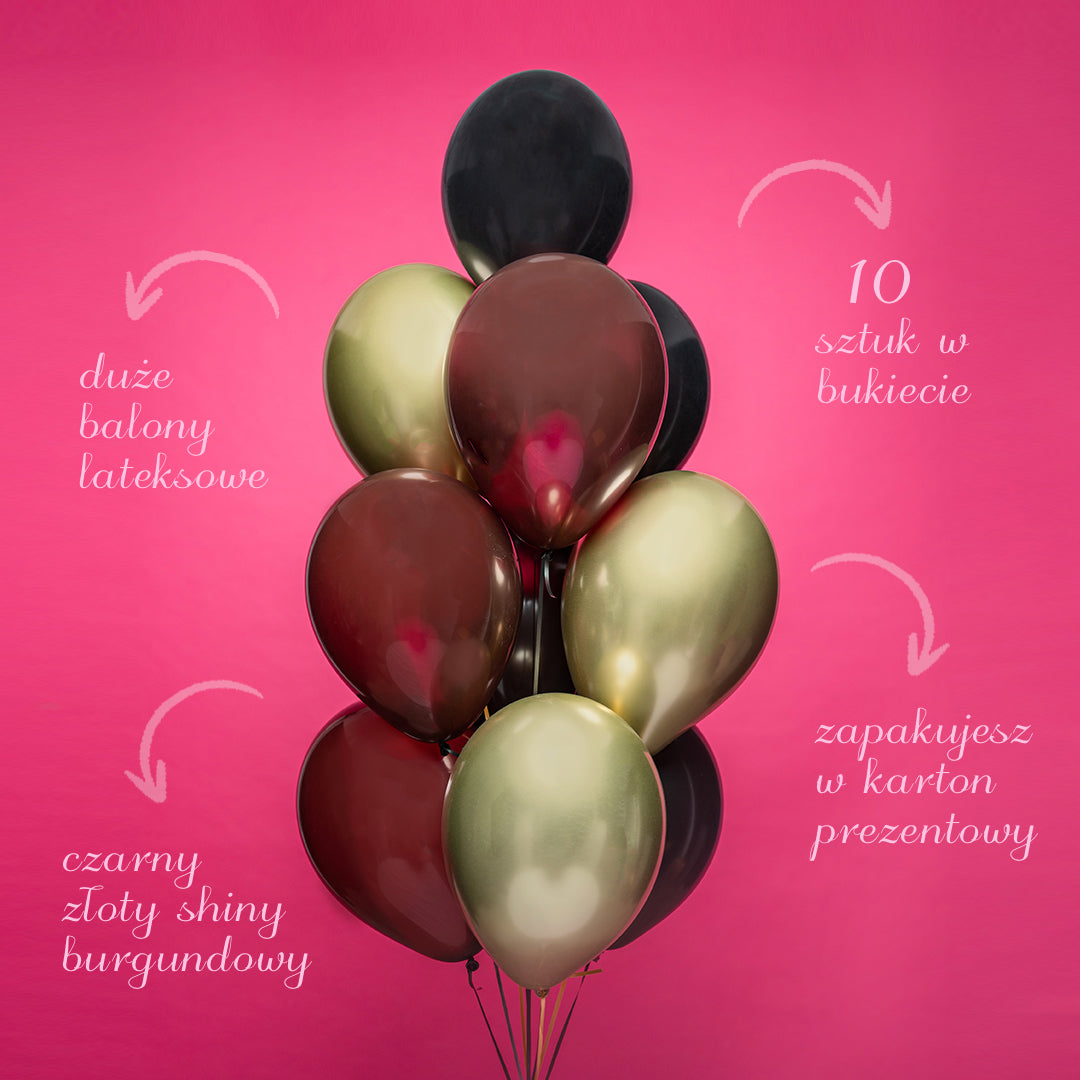 Bukiet balonów z helem, 10 sztuk - Gold & Black & Burgundy