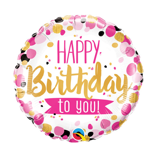 Balon foliowy z helem okrągły "Happy Birthday To You Pink & Gold Dots" QL, 46cm - Warsaw balloonmakers