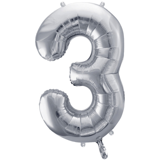 Balon foliowy z helem cyfra 3, srebrna, 86cm - Warsaw balloonmakers