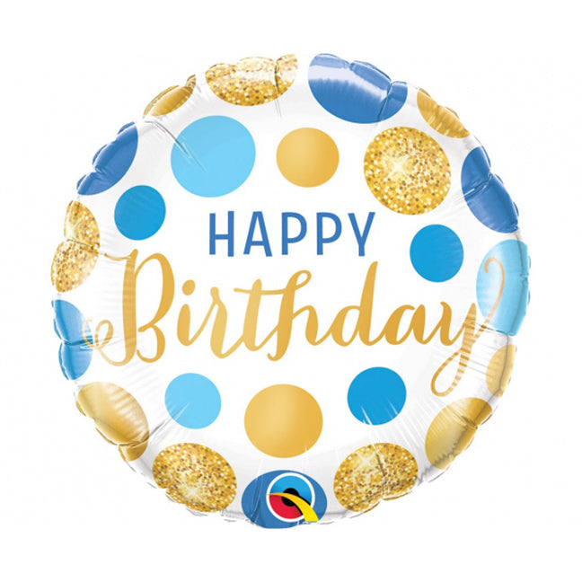 Balon foliowy z helem, okrągły, Qualatex, 48cm - Happy Birthday Blue & Gold Dots