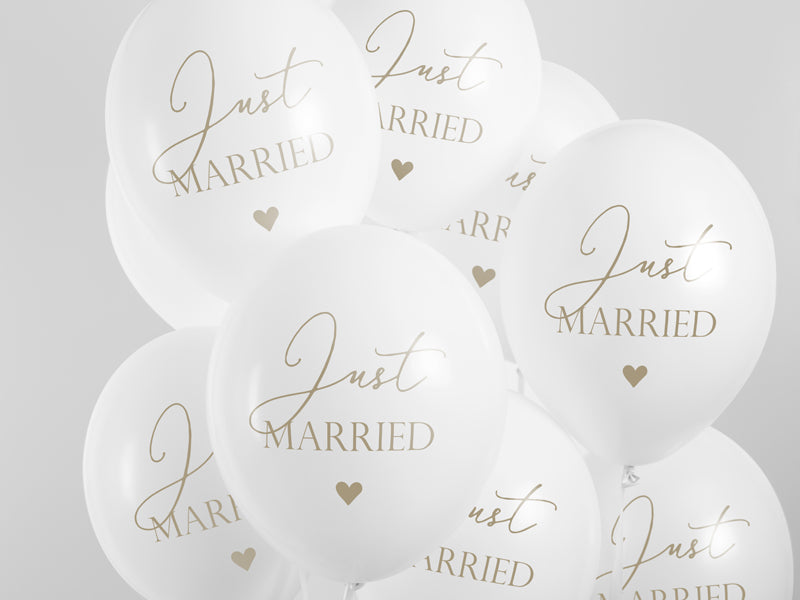 Balon lateksowy z helem, biały, PartyDeco, 30cm - Just Married