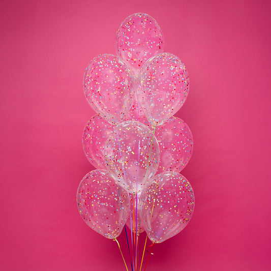 Bukiet balonów z helem, 10 sztuk, transparentne z kolorowym konfetti- Disco Pink