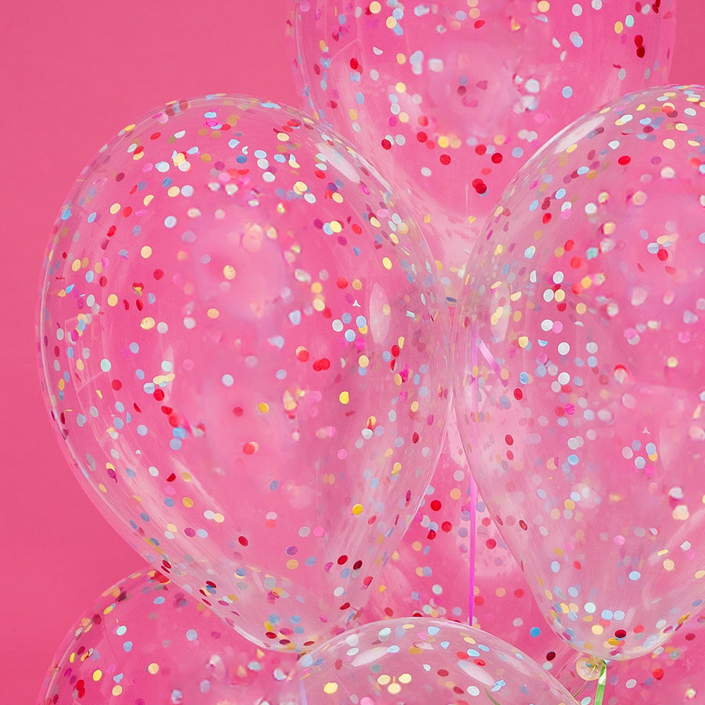 Bukiet balonów z helem, 10 sztuk, transparentne z kolorowym konfetti- Disco Pink