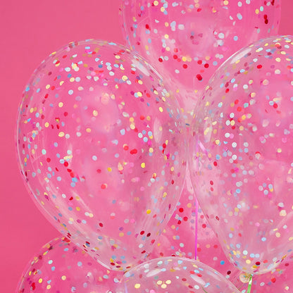 Bukiet balonów z helem, 10 sztuk, transparentne z kolorowym konfetti- Disco Pink