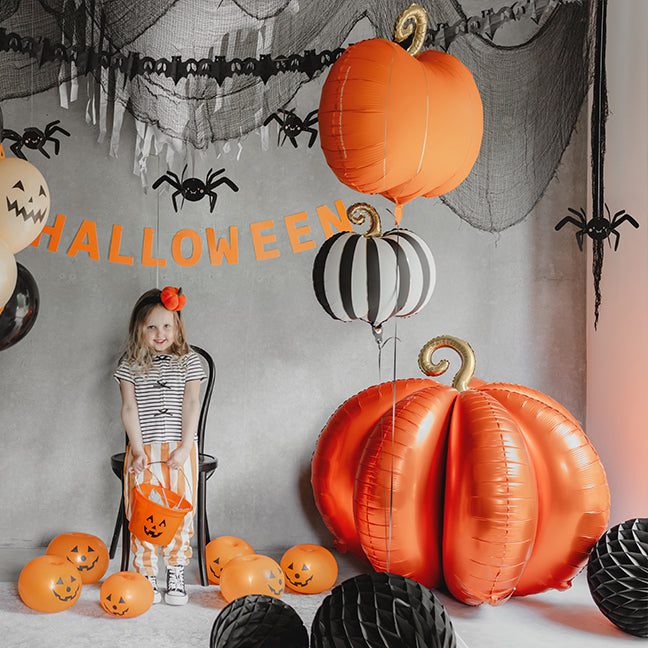 Balon foliowy z helem, PartyDeco, 39cm - Dynia w kremowo-czarne paski i złotym ogonkiem