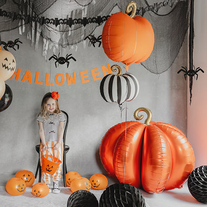 Balon foliowy z helem, PartyDeco, 39cm - Dynia w kremowo-czarne paski i złotym ogonkiem
