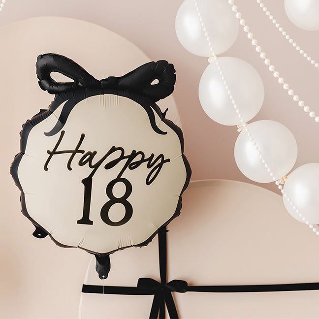 Balon foliowy z helem, okrągły, black & cream, PartyDeco, 50cm - Happy 18