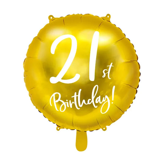 Balon foliowy z helem, złoty, PartyDeco, 45cm - 21th Birthday