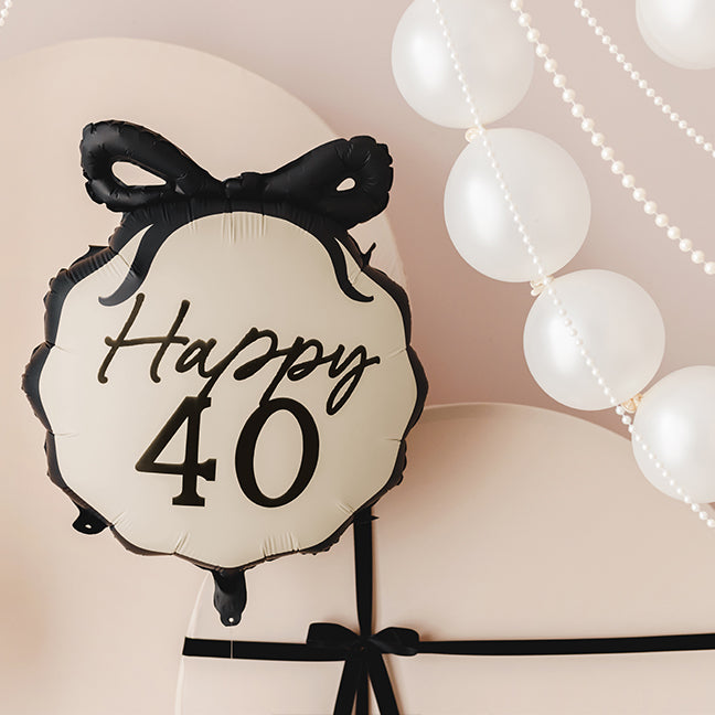 Balon foliowy z helem, okrągły, black & cream, PartyDeco, 50cm - Happy 40