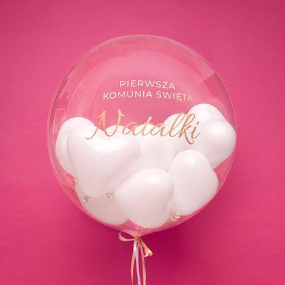 Deco Bubble - Balon z helem + małe balonowe serduszka w środku, dodaj napis