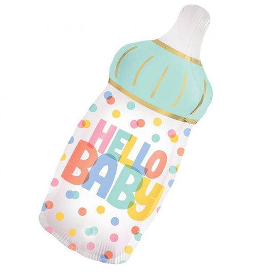 Powitaj maluszka z uśmiechem! Balon foliowy „Hello Baby” w kształcie butelki to radosna dekoracja na baby shower i pierwsze rodzinne spotkania.