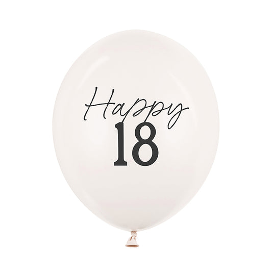 Kremowy balon lateksowy z czarnym napisem „Happy 18” – minimalistyczna dekoracja na 18. urodziny.