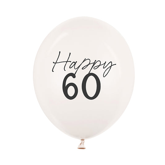 Balon lateksowy kremowy z napisem „Happy 60”, napełniony helem – Warsaw Balloonmakers.