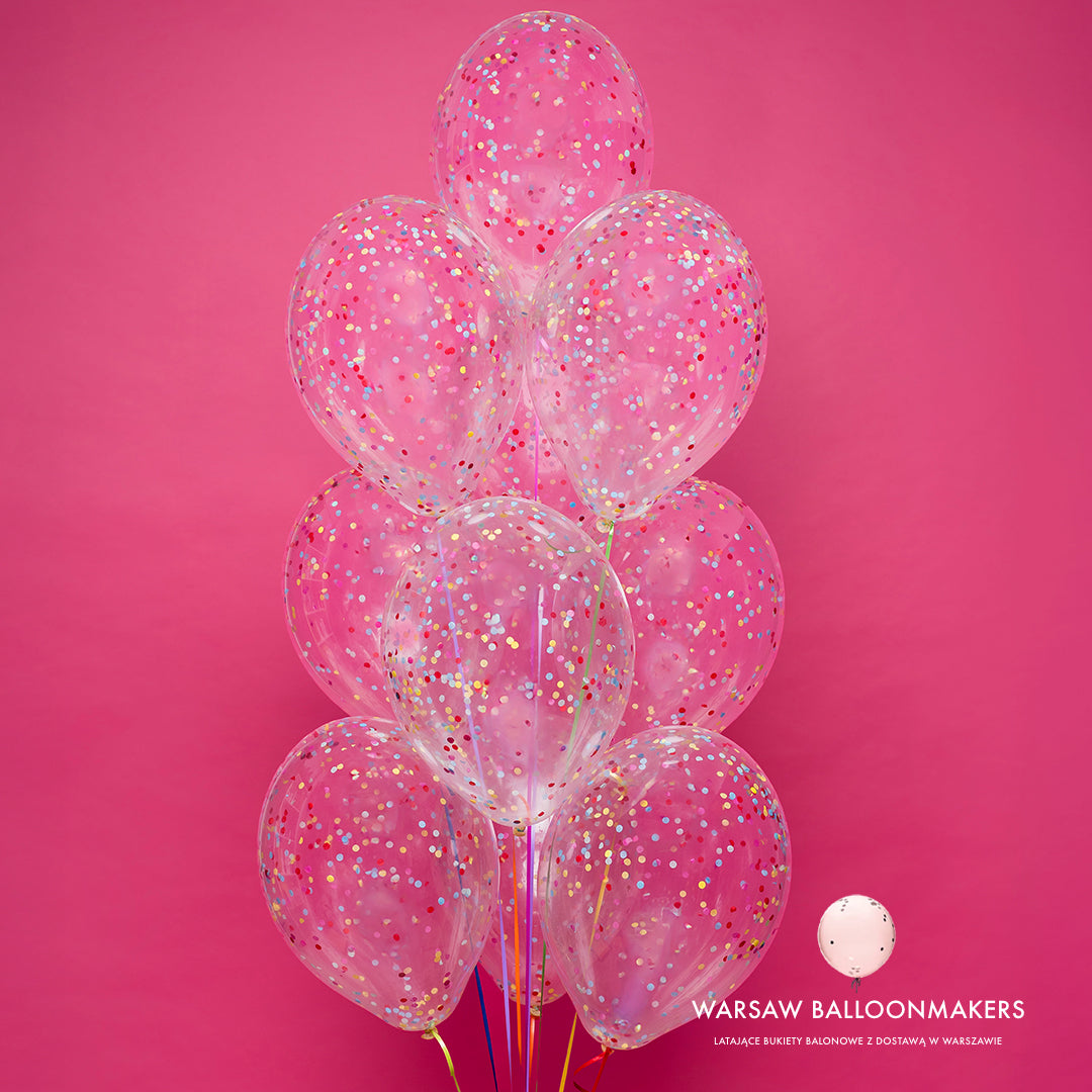 Bukiet balonów z helem, 10 sztuk, transparentne z kolorowym konfetti- Disco Pink