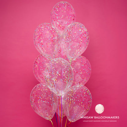 Bukiet balonów z helem, 10 sztuk, transparentne z kolorowym konfetti- Disco Pink