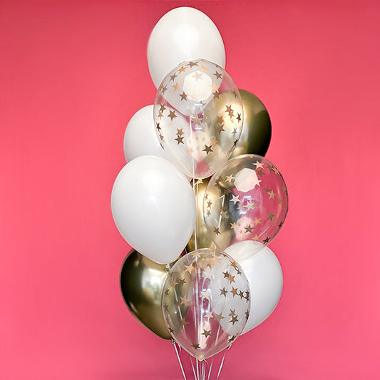 Bukiet balonów z helem, gwiazdki, 10 sztuk - White & Gold & Stars