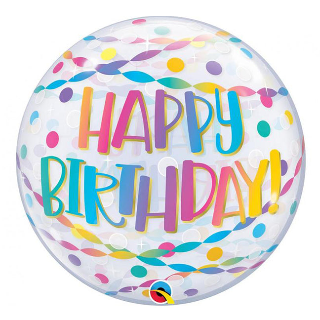 Balon bubble z helem, Qualatex, 56cm - Happy Birthday Confetti & Streamers