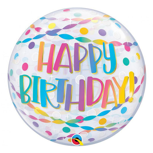 Balon bubble z helem, Qualatex, 56cm - Happy Birthday Confetti & Streamers