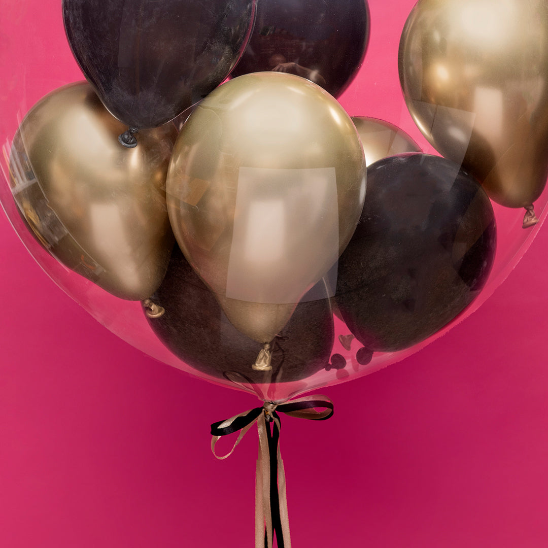Balon bubble z helem ze złoto czarnymi balonikami w środku - Duet Black&Gold