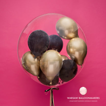 Balon bubble z helem ze złoto czarnymi balonikami w środku - Duet Black&Gold