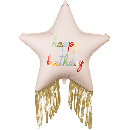 Balon foliowy z helem, różowy, PartyDeco, 72cm - Gwiazda z frędzlami Happy Birthday