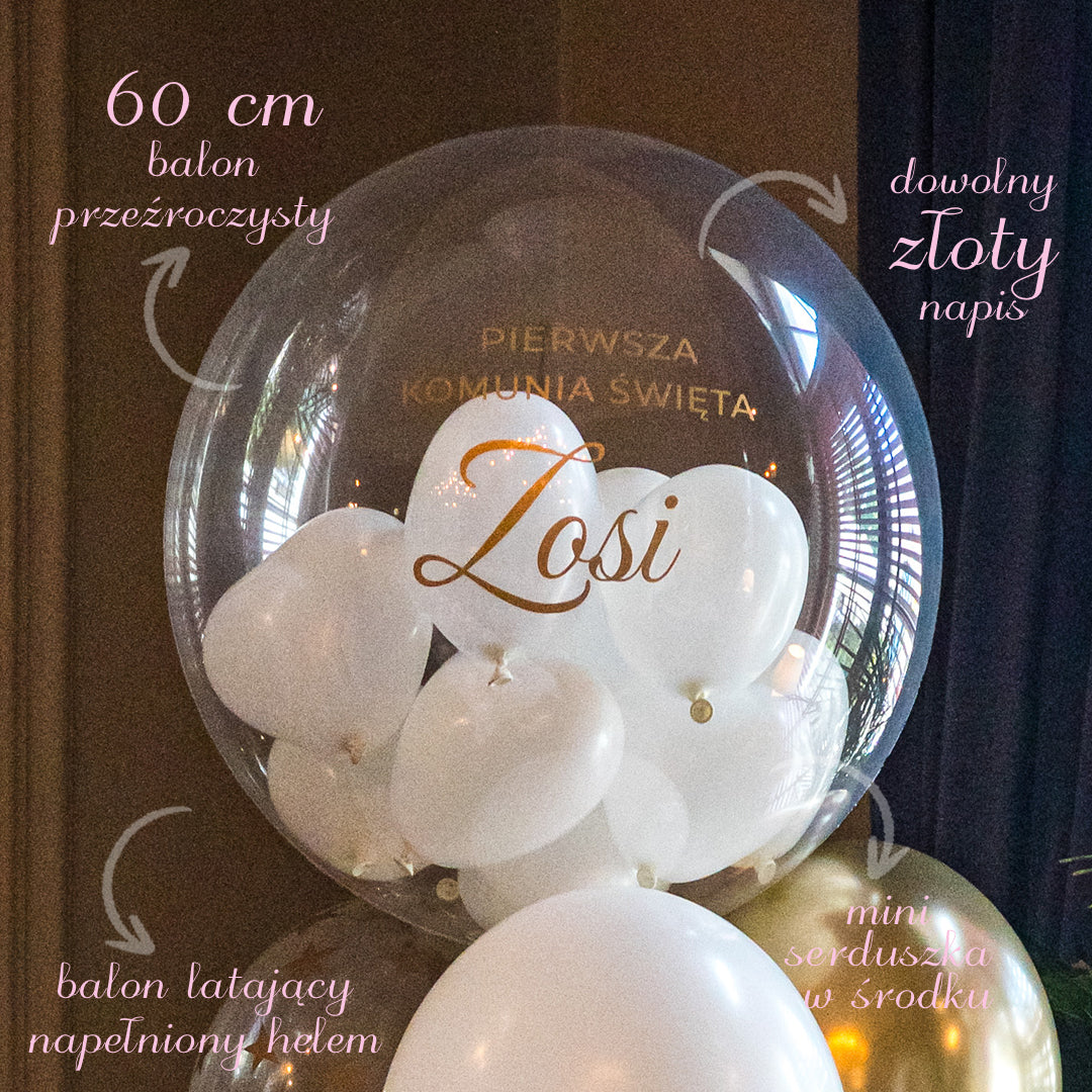 Balon bubble z helem z białymi serduszkami w środku - „Pierwsza Komunia Święta” z imieniem