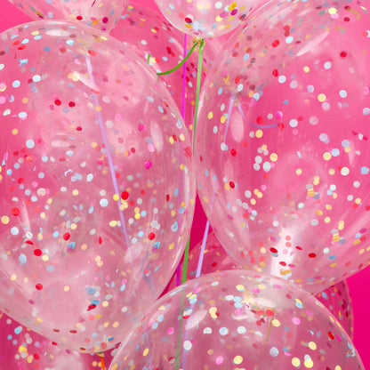 Bukiet balonów z helem, 10 sztuk, transparentne z kolorowym konfetti- Disco Pink