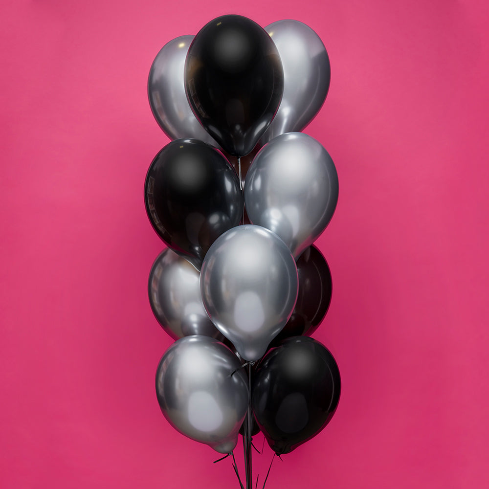 Bukiet balonów z helem, 12 sztuk, czarne i srebrne chrome - Black and Silver