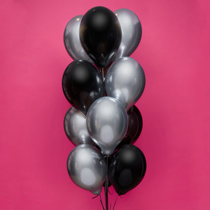 Bukiet balonów z helem, 12 sztuk, czarne i srebrne chrome - Black and Silver