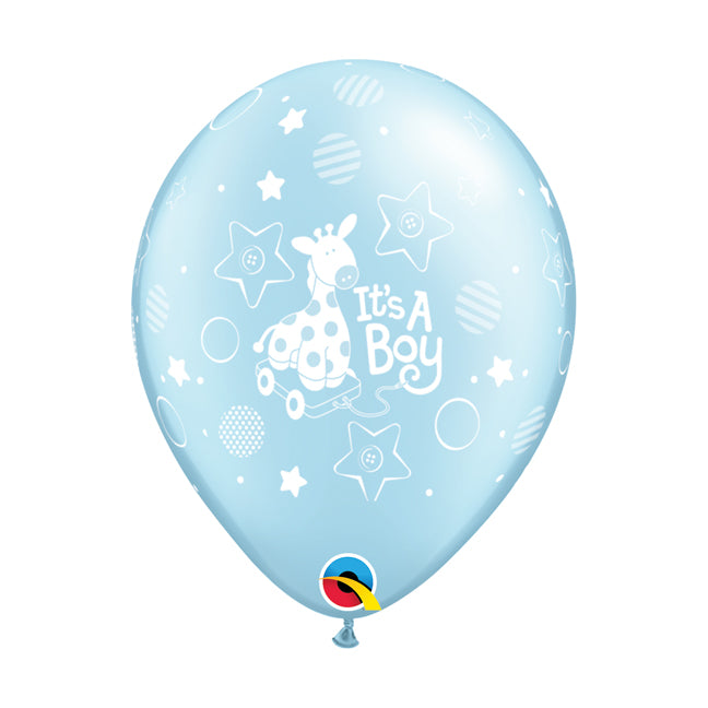 Balon lateksowy z helem, QL, "It's a Boy Żyrafa", metalik niebieski - Warsaw balloonmakers