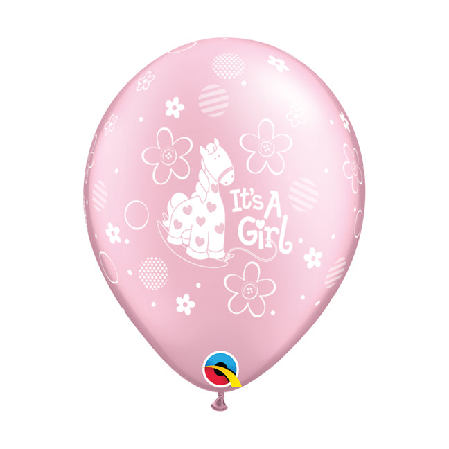 Balon lateksowy z helem, QL, It's a Girl Żyrafa", metalik różowy - Warsaw balloonmakers