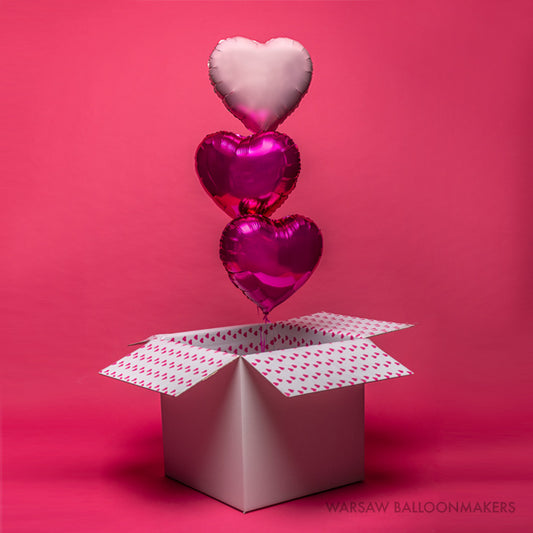Zestaw balonów w kartonie, PD, trzy serca, magenta i jasny róż, 45 cm, dodaj napis