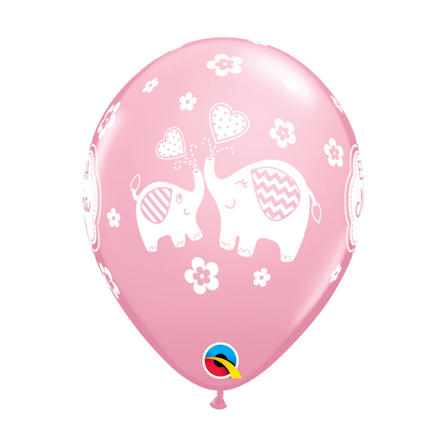 Balon lateksowy z helem, QL, "It's a girl" słoniki, różowy - Warsaw balloonmakers