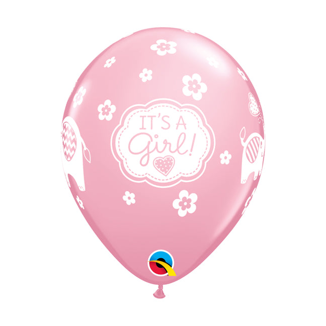 Balon lateksowy z helem, QL, "It's a girl" słoniki, różowy - Warsaw balloonmakers