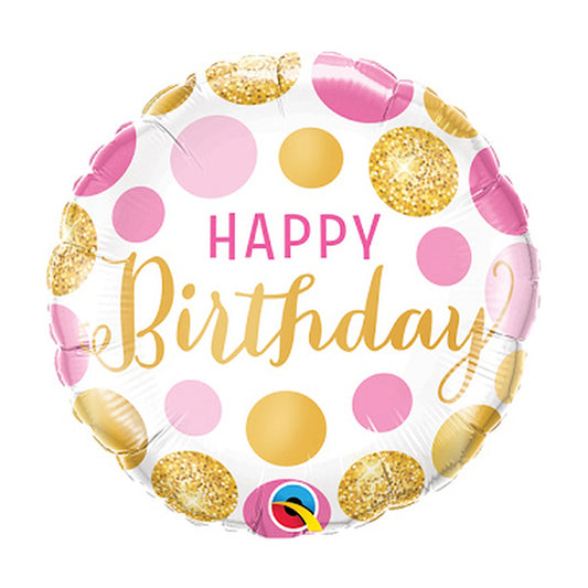 Balon foliowy z helem okrągły "Happy Birthday Pink & Gold Dots" QL, 46cm - Warsaw balloonmakers