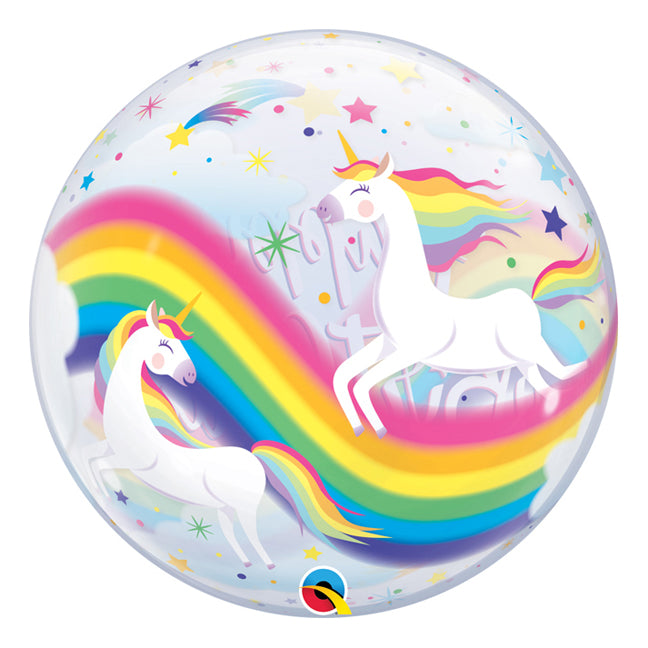 Balon bubble z helem "Birthday Rainbow Unicorns" jednorożec, 56cm - Warsaw balloonmakers