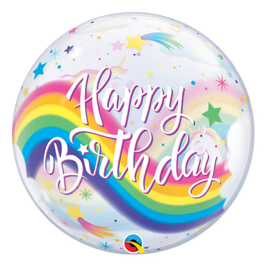 Balon bubble z helem "Birthday Rainbow Unicorns" jednorożec, 56cm - Warsaw balloonmakers