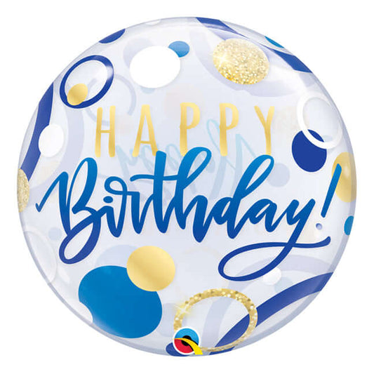 Balon bubble z helem "Birthday Blue & Gold Dots", 56cm - Warsaw balloonmakers