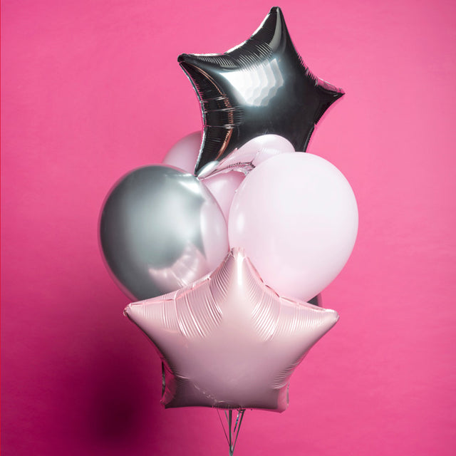 Bukiet balonów z helem, 7 sztuk, lateksowe i foliowe gwiazdki - Pink and Silver