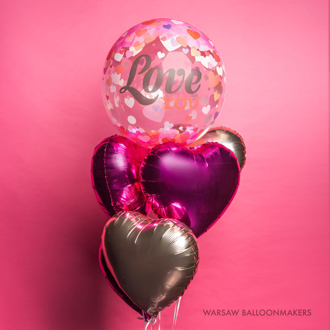 Bukiet z helem, Bubble Love i serduszka foliowe, dodaj karton - Warsaw balloonmakers