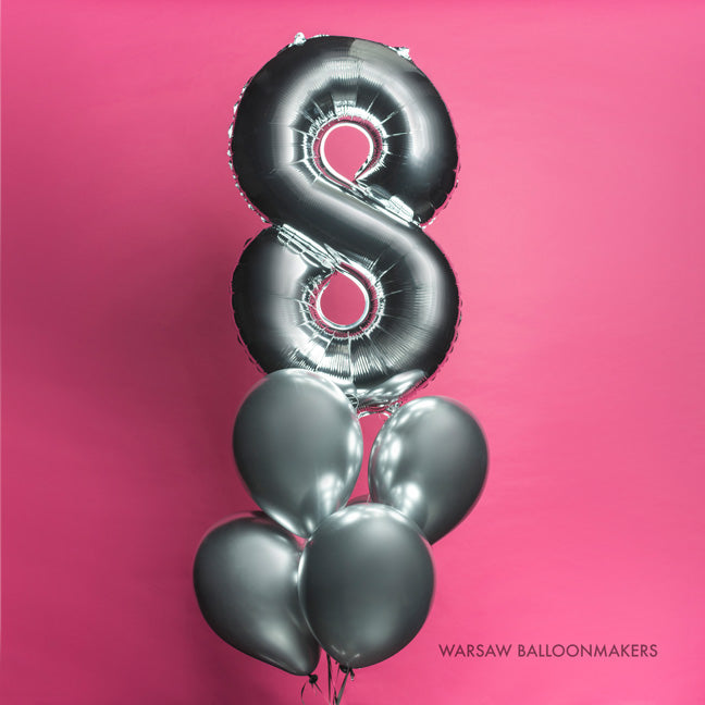 Bukiet balonowy z helem, srebrna ósemka i baloniki chrome - Warsaw balloonmakers
